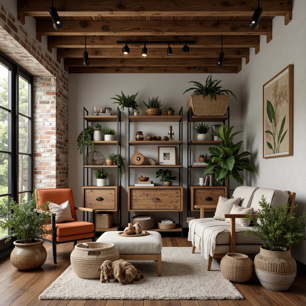 Prompt: Rustic farmhouse style spaces, vintage wooden furniture, distressed metal accents, earthy color palette, natural textiles, woven baskets, potted plants, reclaimed wood shelves, industrial lighting fixtures, exposed brick walls, cozy throw blankets, plush armchairs, minimalist decor, warm soft lighting, shallow depth of field, 1/1 composition, realistic textures, ambient occlusion.