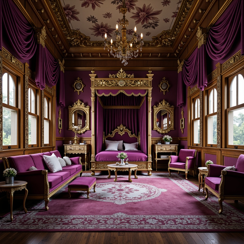 Prompt: Ornate baroque furniture, luxurious velvet fabrics, golden accents, intricate carvings, ornamental mirrors, lavish drapery, regal purple hues, majestic four-poster beds, whimsical fantasy creatures, richly patterned rugs, gilded frames, soft warm lighting, shallow depth of field, 1/1 composition, realistic textures, ambient occlusion.