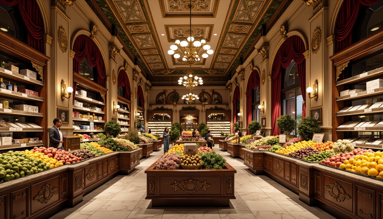 Prompt: Opulent grocery store interior, lavish decorations, intricate moldings, gilded accents, ornate chandeliers, grandiose archways, frescoed ceilings, marble floors, polished wooden shelves, ornamental fruit stands, intricate carvings, rich textiles, velvet drapes, golden lighting fixtures, soft warm glow, shallow depth of field, 1/2 composition, realistic reflections, ambient occlusion.