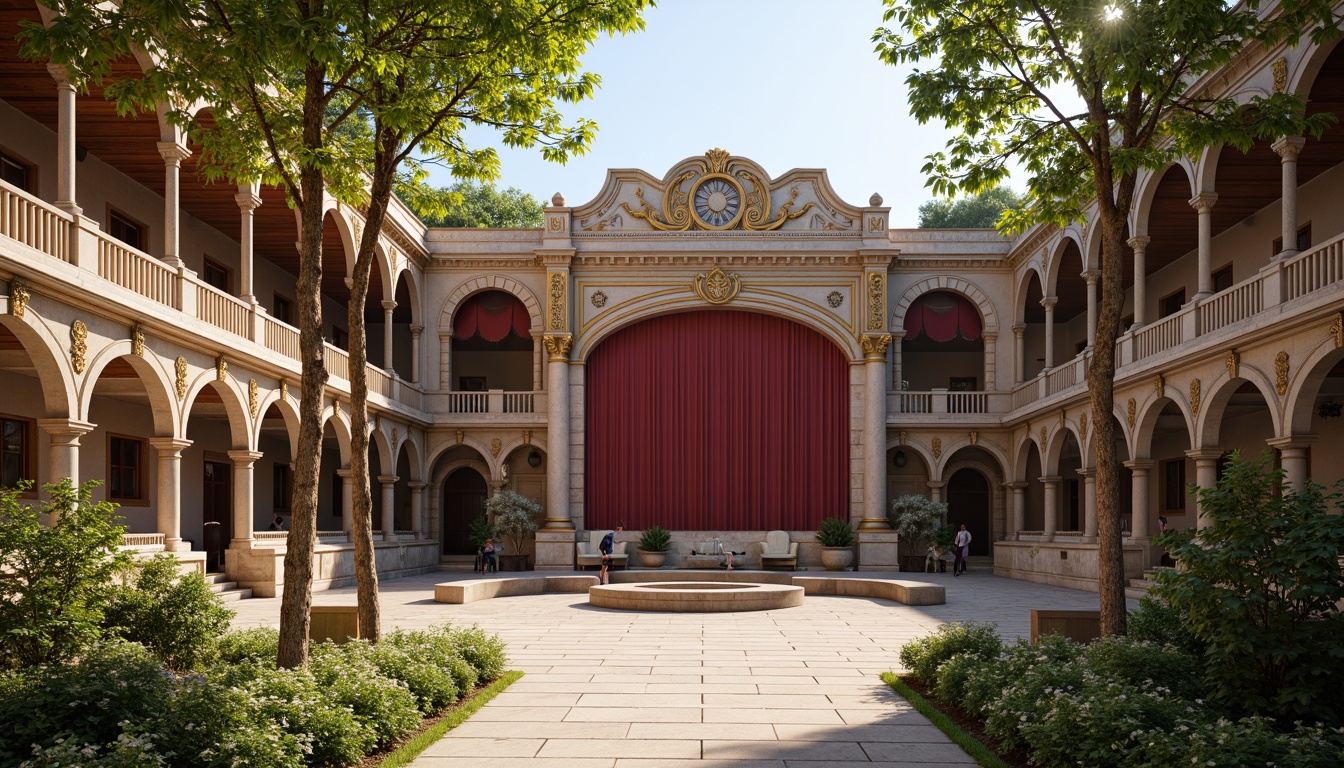 Prompt: Renaissance-style amphitheater, ornate stone carvings, grandiose arches, majestic columns, red velvet stage curtains, gilded balconies, intricate fresco ceilings, natural stone seating areas, lush greenery surroundings, warm afternoon sunlight, soft diffused lighting, shallow depth of field, 1/2 composition, symmetrical framing, realistic textures, ambient occlusion.