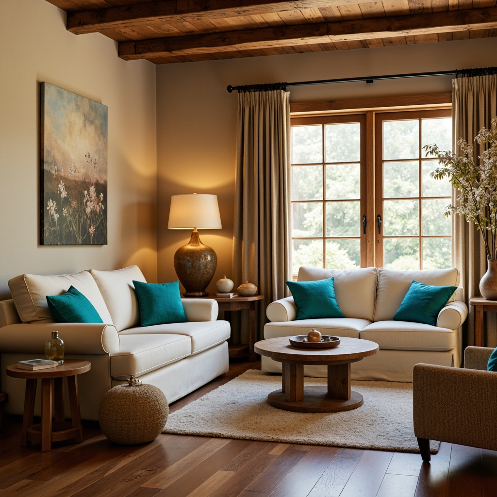 Prompt: Cozy living room, warm beige walls, rich walnut wood floors, soft cream-colored sofas, vibrant turquoise accent pillows, natural linen drapes, earthy terracotta vases, rustic metal lighting fixtures, ambient warm glow, shallow depth of field, 1/2 composition, inviting atmosphere, realistic textures.