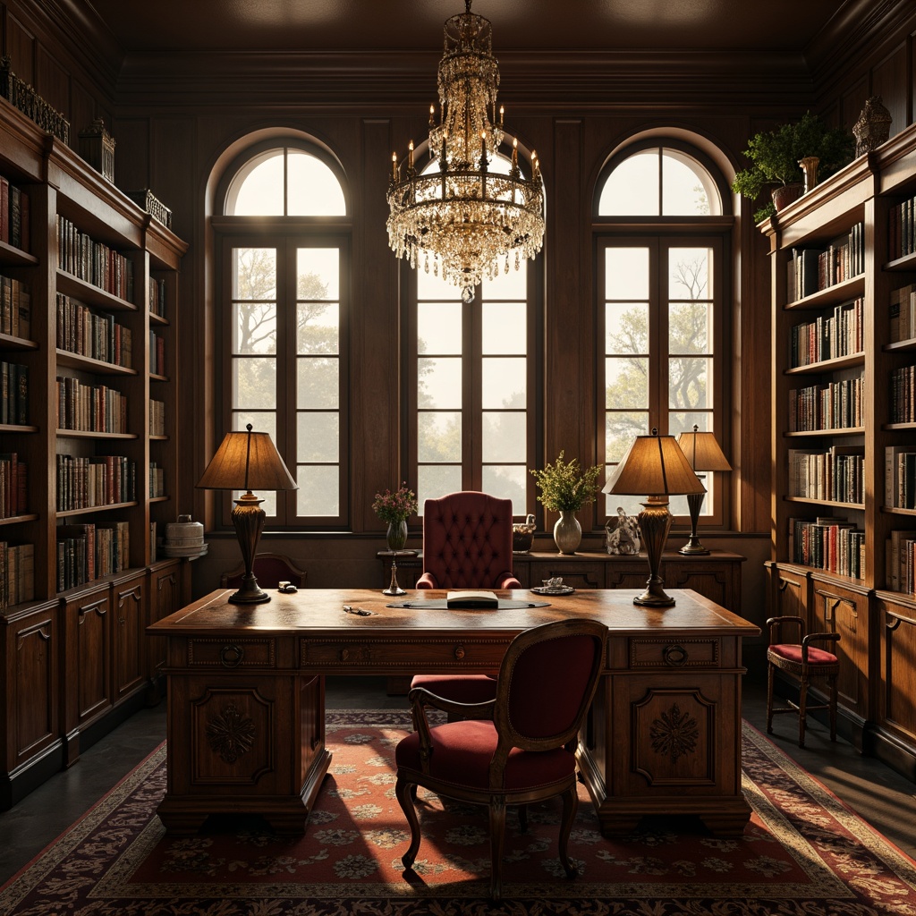 Prompt: Richly ornamented wooden desks, intricately carved chairs, luxurious velvet upholstery, ornate metal fixtures, distressed leather accents, classic rolling chairs, stately floor lamps, majestic bookshelves, opulent crystal chandeliers, warm golden lighting, atmospheric foggy mornings, cinematic 3/4 composition, shallow depth of field, realistic wood textures, ambient occlusion.