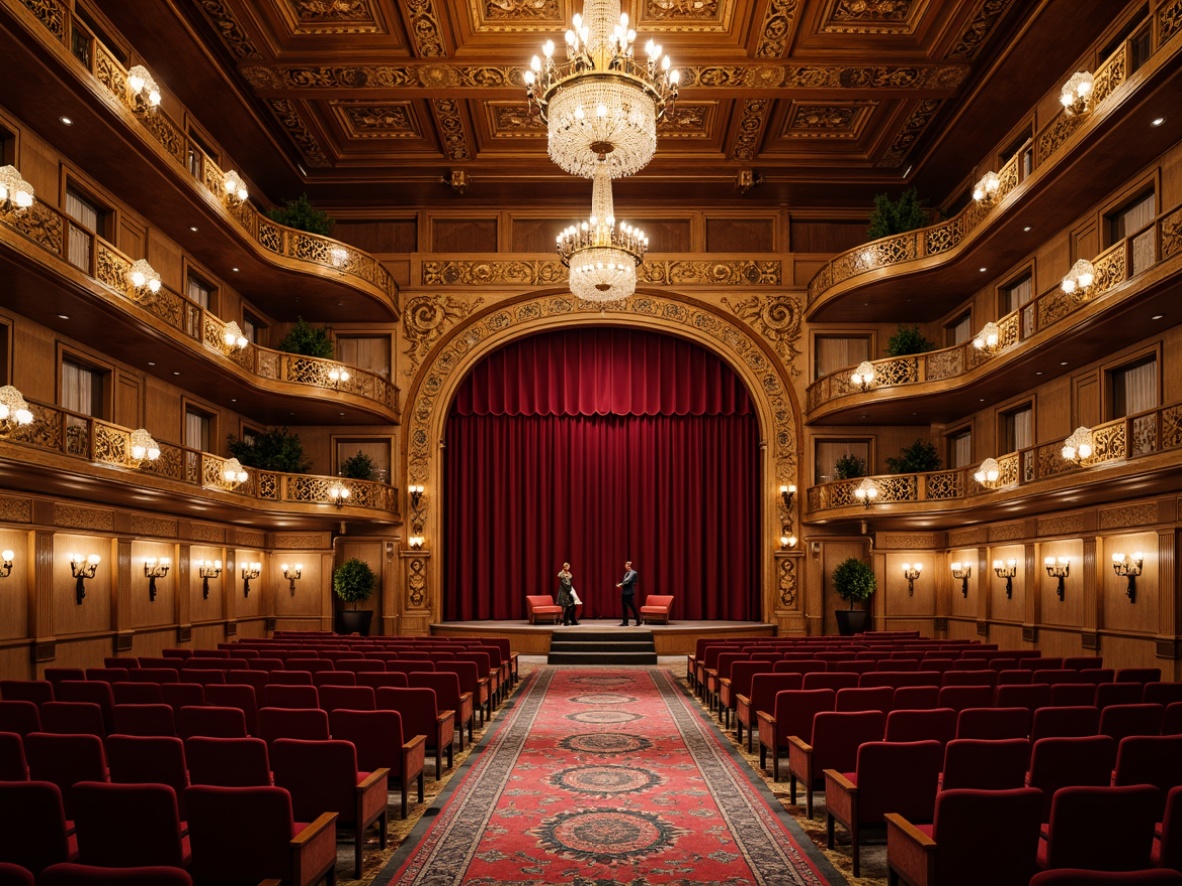 Prompt: Traditional performing arts center, ornate wooden stage, rich velvet curtains, golden lighting fixtures, intricately carved balconies, majestic chandeliers, plush red seats, grand staircase, lavish foyer, cultural patterned rugs, warm spotlights, 3/4 composition, shallow depth of field, soft warm lighting, realistic textures, ambient occlusion.