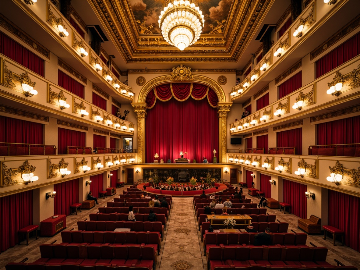 Prompt: Grand opera house, ornate golden details, rich velvet curtains, majestic chandeliers, intricate fresco ceilings, marble floors, sweeping staircases, elegant balconies, luxurious red upholstery, opulent crystal fixtures, refined Baroque influences, subtle Rococo touches, dramatic lighting effects, warm golden illumination, soft focus, shallow depth of field, 1/1 composition, realistic textures, ambient occlusion.