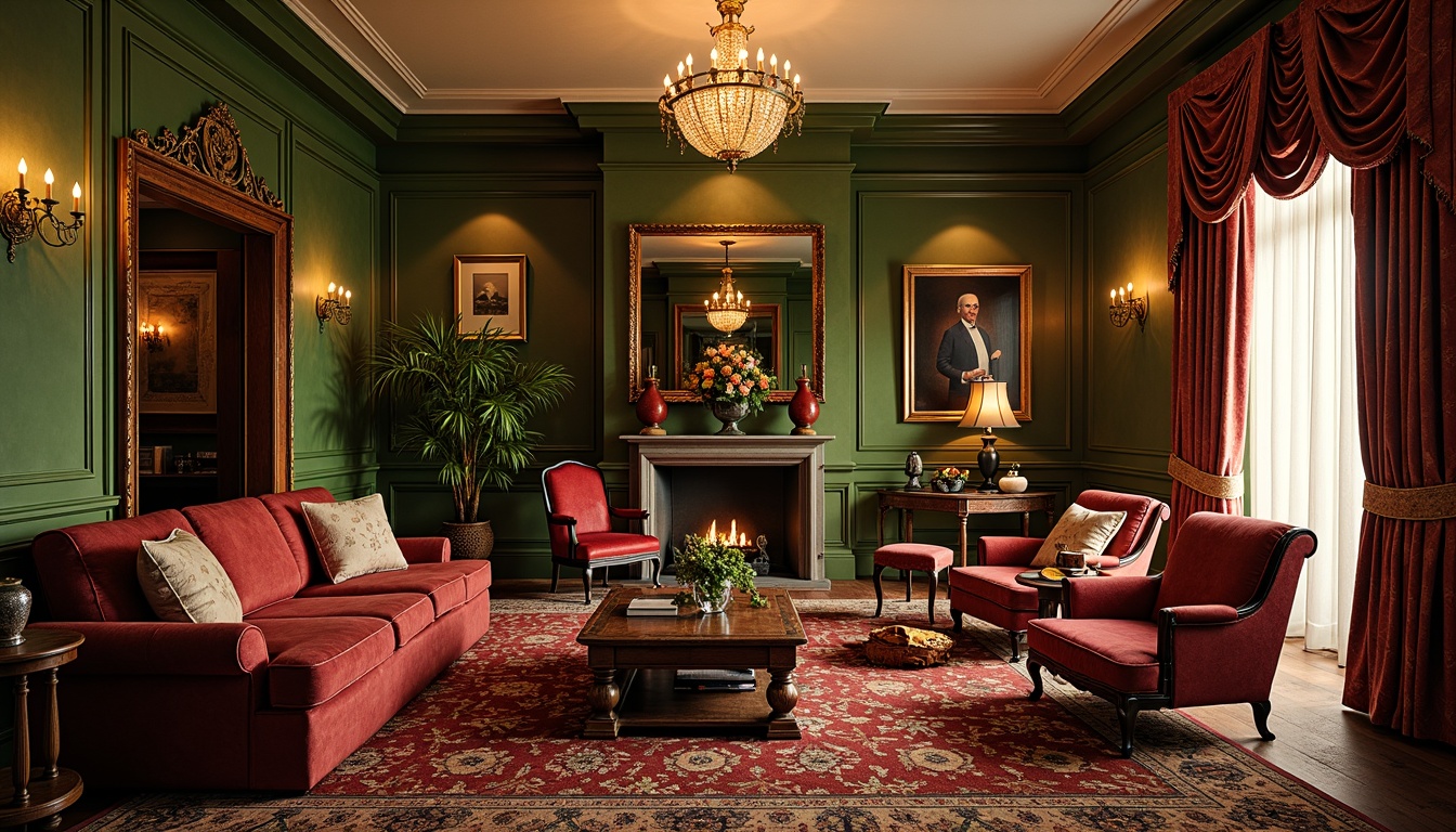 Prompt: Richly ornamented family room, warm golden lighting, intricately patterned rugs, velvet upholstered furniture, ornate wooden paneling, luxurious drapery, rich jewel-toned colors, emerald green walls, crimson red accents, soft cream-colored ceilings, antique bronze fixtures, vintage floral patterns, distressed leather armchairs, dark wood coffee tables, crystal chandeliers, soft warm glow, shallow depth of field, 2/3 composition, realistic textures, ambient occlusion.