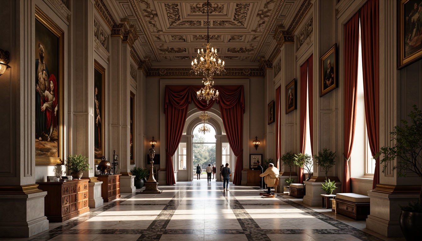 Prompt: Grand museum entrance, ornate stone carvings, high ceilings, luxurious chandeliers, intricate wooden paneling, rich velvet drapes, gilded frames, Renaissance-inspired artwork, marble floors, soft warm lighting, dramatic shadows, subtle texture contrast, aged leather-bound books, vintage scientific instruments, elegant typography, subtle color palette, symmetrical composition, shallow depth of field, 1/2 composition.