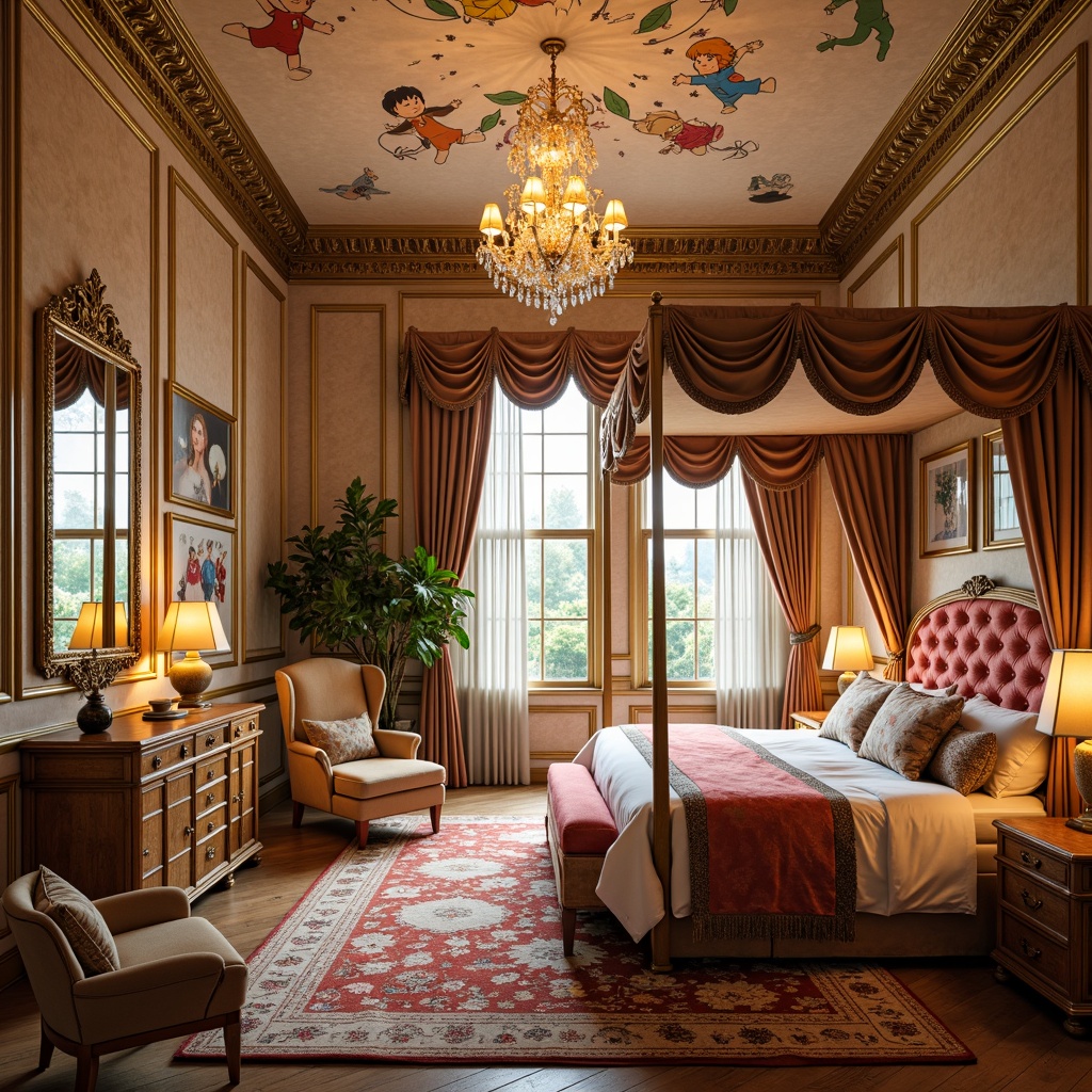 Prompt: Richly ornamented kids' bedroom, lavish golden accents, intricately carved wooden furniture, plush velvet upholstery, ornate mirrors, sparkling crystal chandeliers, vibrant colorful fabrics, playful cartoon characters, soft creamy lighting, gentle warm atmosphere, whimsical fantasy elements, delicate lace curtains, majestic four-poster beds, luxurious satin bedding, richly textured rugs, opulent drapery, grandiose architectural details, 3/4 composition, shallow depth of field, realistic textures.