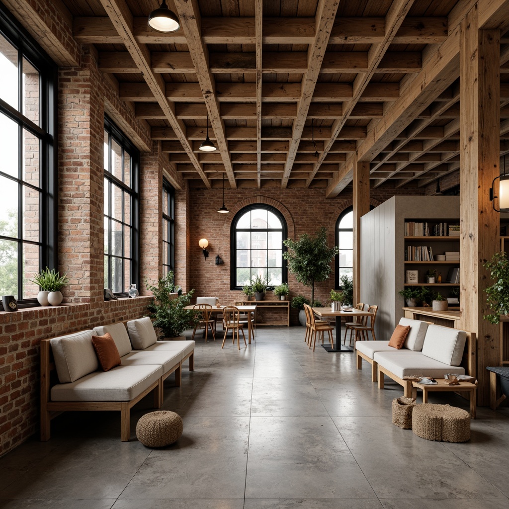 Prompt: Rustic industrial interior, exposed wooden beams, natural wood tones, metal accents, reclaimed wood furniture, earthy color palette, brick walls, polished concrete floors, minimalist decor, pendant lighting, urban loft atmosphere, open space layout, functional simplicity, cozy reading nooks, warm ambient lighting, soft shadows, 1/2 composition, shallow depth of field, realistic textures.