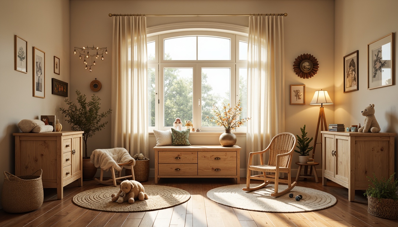 Prompt: Whimsical nursery, distressed wood furniture, vintage decorative accents, soft warm lighting, table lamps, floor lamps, string lights, warm beige walls, creamy white trim, natural fiber rugs, plush toys, baby blocks, wooden rocking chair, woven baskets, floral patterns, gentle morning light, shallow depth of field, 1/1 composition, realistic textures, ambient occlusion.