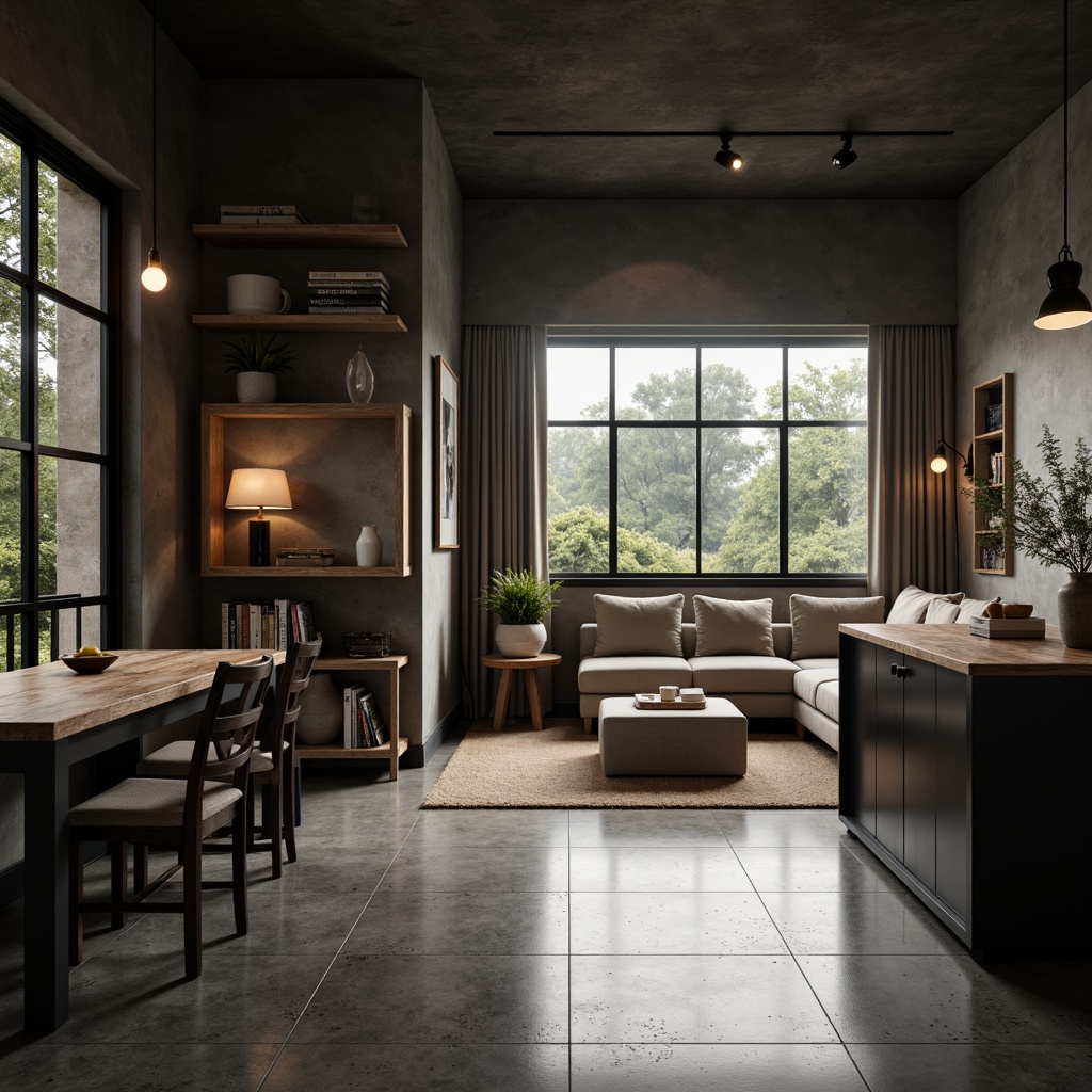 Prompt: Monochromatic interior, sleek lines, minimal ornamentation, natural materials, reclaimed wood accents, industrial metal frames, polished concrete floors, matte black surfaces, soft beige textiles, ambient warm lighting, subtle shadows, 1/1 composition, cinematic view, realistic reflections, atmospheric fog.