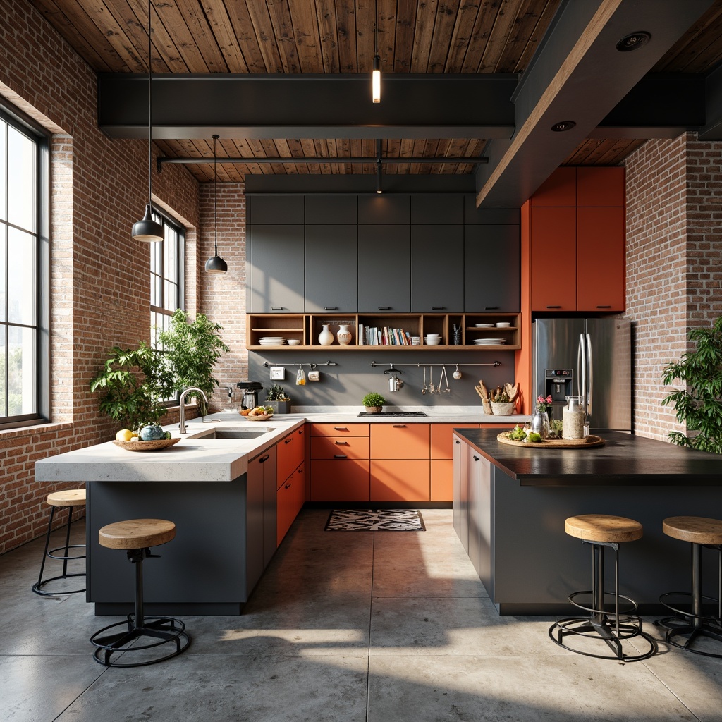 Prompt: Industrial chic kitchen, rectangular shapes, clean lines, functional minimalism, exposed brick walls, polished concrete floors, metal cabinetry, matte black hardware, industrial pendant lights, geometric patterns, bold color accents, natural wood accents, leather-bound stools, minimalist countertops, stainless steel appliances, brutalist architecture, high ceilings, abundant natural light, soft warm glow, shallow depth of field, 1/1 composition, realistic textures.