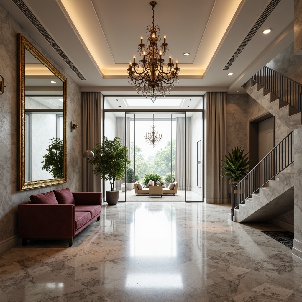 Prompt: Elegant entrance hall, grand chandelier, polished marble floor, luxurious velvet sofa, ornate mirrors, majestic staircase, spacious open plan, modern minimalist decor, ample natural light, sliding glass doors, sleek metal handrails, sophisticated color palette, refined textures, shallow depth of field, 1/1 composition, warm soft lighting, inviting ambiance.