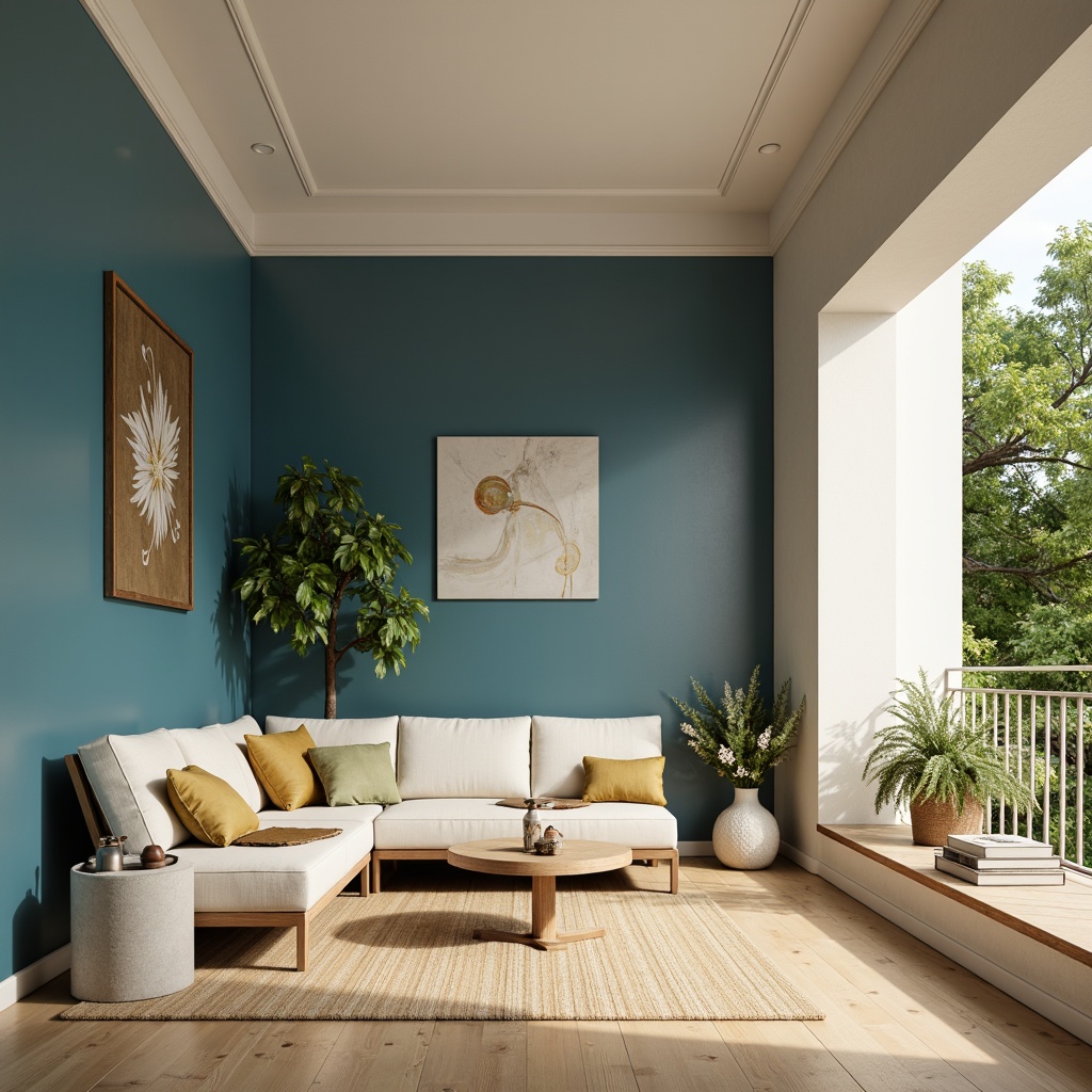 Prompt: Cerulean blue accent walls, creamy white trim, warm beige flooring, natural wood furniture, soft golden lighting, airy open spaces, minimal modern decor, abstract art pieces, sleek metal accents, verdant greenery, blooming flowers, serene atmosphere, shallow depth of field, 1/1 composition, realistic textures, ambient occlusion.