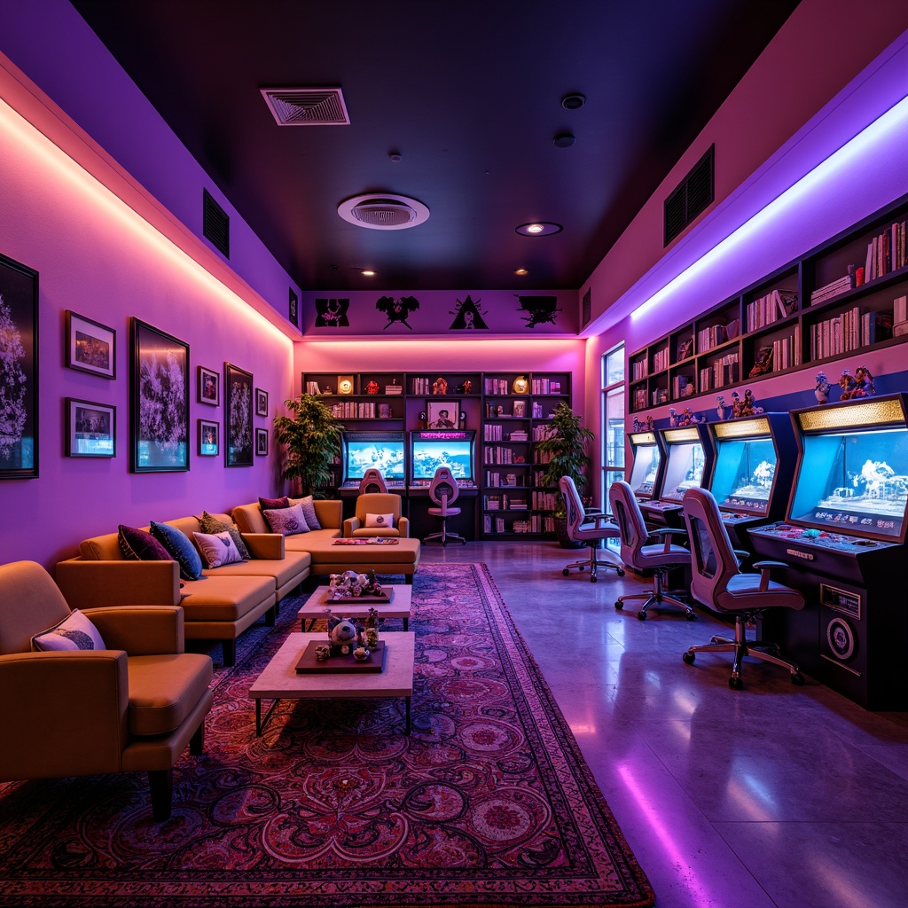 Prompt: Vibrant game room, neon-colored lights, retro arcade machines, comfortable couches, futuristic gaming chairs, high-tech sound systems, immersive virtual reality experiences, dynamic LED strips, sleek metal decorations, geometric-shaped coffee tables, bold patterned rugs, colorful pop art posters, quirky collectible figurines, modern minimalist shelving units, cozy reading nooks, warm ambient lighting, shallow depth of field, 1/1 composition, cinematic camera angles.