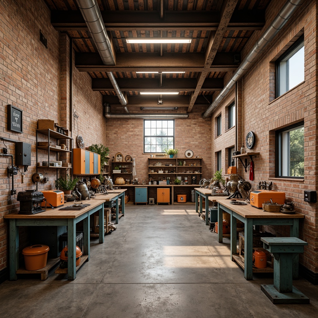 Prompt: Industrial workshop setting, exposed brick walls, metal beams, wooden workbenches, tools and machinery, earthy tone color palette, warm beige walls, rich brown wood accents, deep blue metal tones, pops of vibrant orange, industrial-style lighting, soft natural light, shallow depth of field, 3/4 composition, realistic textures, ambient occlusion.