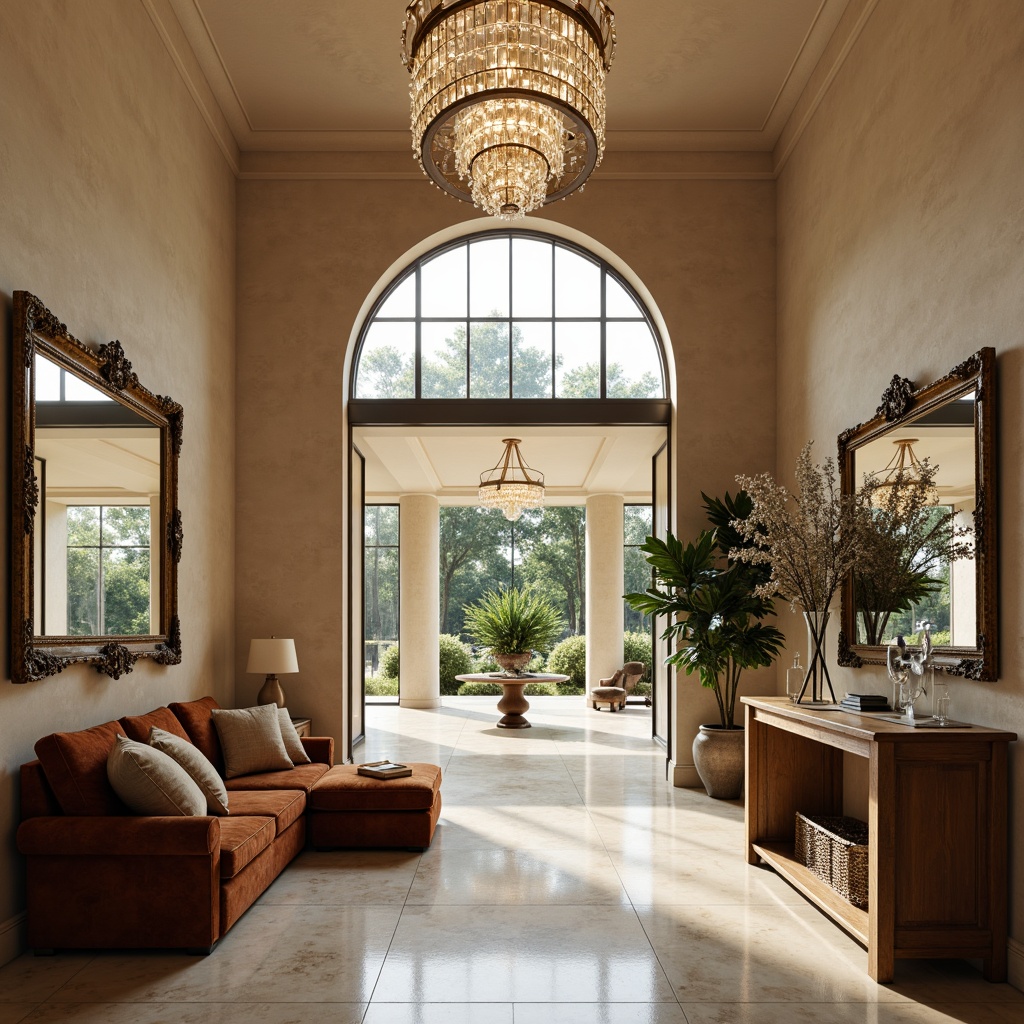 Prompt: Elegant foyer, grand chandelier, marble flooring, luxurious velvet sofa, ornate wooden console table, gilded mirror frames, crystal vases, refined modern architecture, spacious open layout, high ceilings, dramatic lighting, 1/2 composition, warm beige tones, rich textures, inviting ambiance, sophisticated color palette.