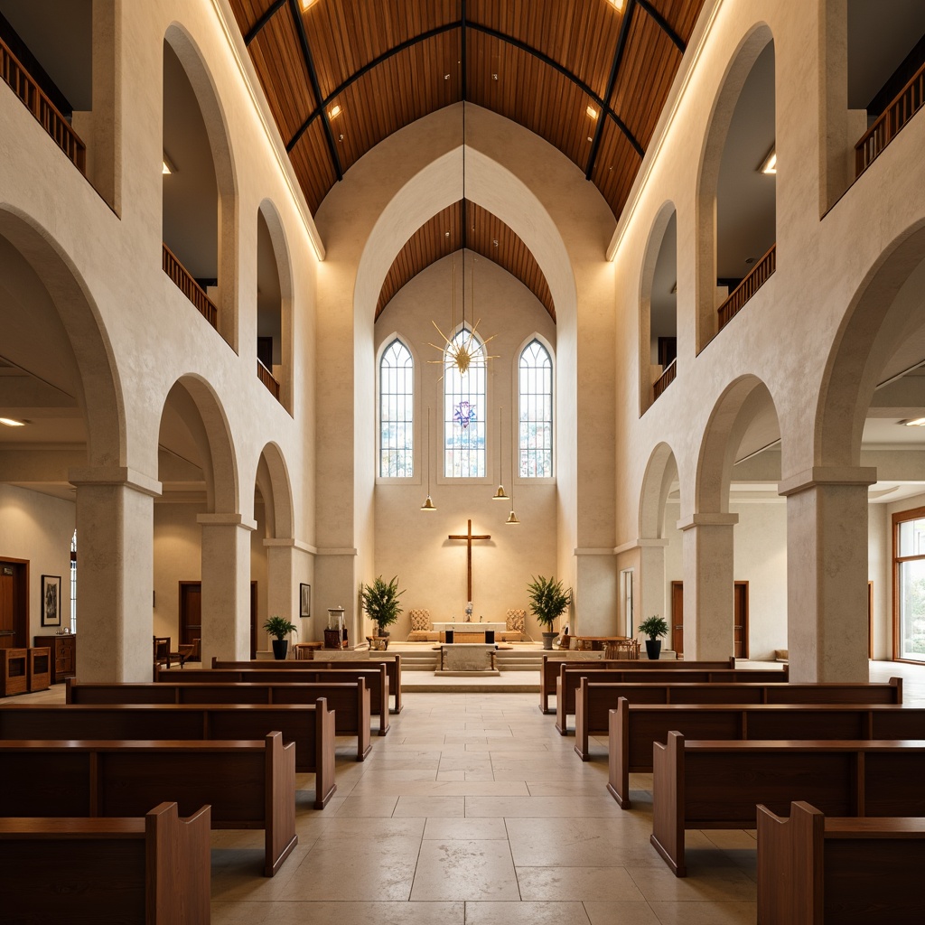 Prompt: Minimalist church interior, sleek modern lines, natural stone floors, high ceilings, stained glass windows, subtle ambient lighting, suspended LED lights, indirect illumination, warm beige walls, polished wooden pews, minimalist altarpieces, elegant archways, soft diffused light, gentle color temperatures, 1/1 composition, realistic materials, subtle shading, serene atmosphere, peaceful ambiance.