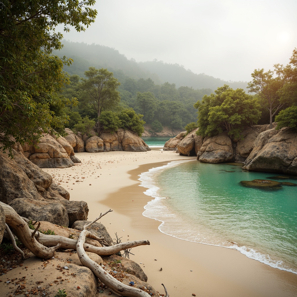 Prompt: Calming natural scenery, serene landscape, warm beige sand, soft turquoise water, gentle ocean waves, rustic driftwood, vibrant coral reefs, soothing mint greenery, creamy white seashells, weathered stone formations, misty foggy atmosphere, warm golden sunlight, shallow depth of field, 1/1 composition, realistic textures, ambient occlusion.