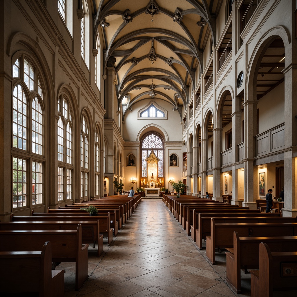 Prompt: Elegant church facade, curved lines, minimalist decor, ornate metalwork, stained glass windows, subtle color palette, natural stone walls, sleek wooden pews, intricate tile flooring, ambient lighting, soft shadows, shallow depth of field, 1/1 composition, symmetrical architecture, vaulted ceilings, grand chandeliers, decorative frescoes, subtle patterns, luxurious fabrics, ornate altarpieces, serene atmosphere, warm color tones, soft focus.