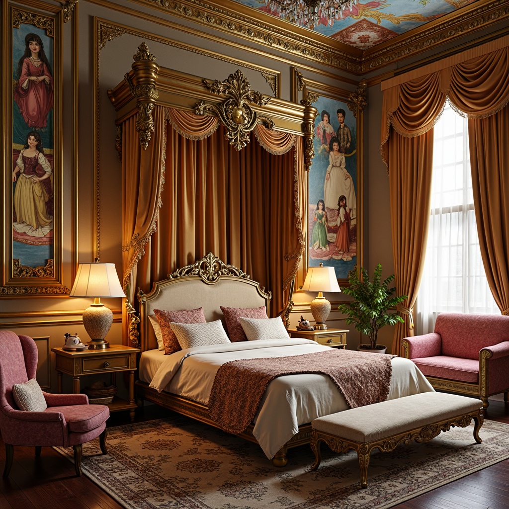 Prompt: Richly ornate kids' bedroom, lavish golden furniture, intricately carved wooden accents, soft velvety drapes, delicate lace curtains, plush area rugs, vibrant colorful murals, ornate mirrors, gilded frames, Baroque-style chandeliers, grandiose four-poster beds, luxurious satin bedding, tender warm lighting, shallow depth of field, 1/1 composition, dramatic shadows, highly detailed textures, ambient occlusion.