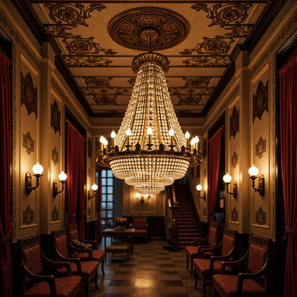 Prompt: Ornate chandeliers, crystal droplets, bronze metalwork, intricate carvings, gas lantern-inspired designs, rich velvet drapes, ornamental plaster ceilings, grand staircases, luxurious wall sconces, vintage filigree patterns, warm candlelight, soft golden glow, dramatic shadows, 1/1 composition, realistic textures, ambient occlusion.