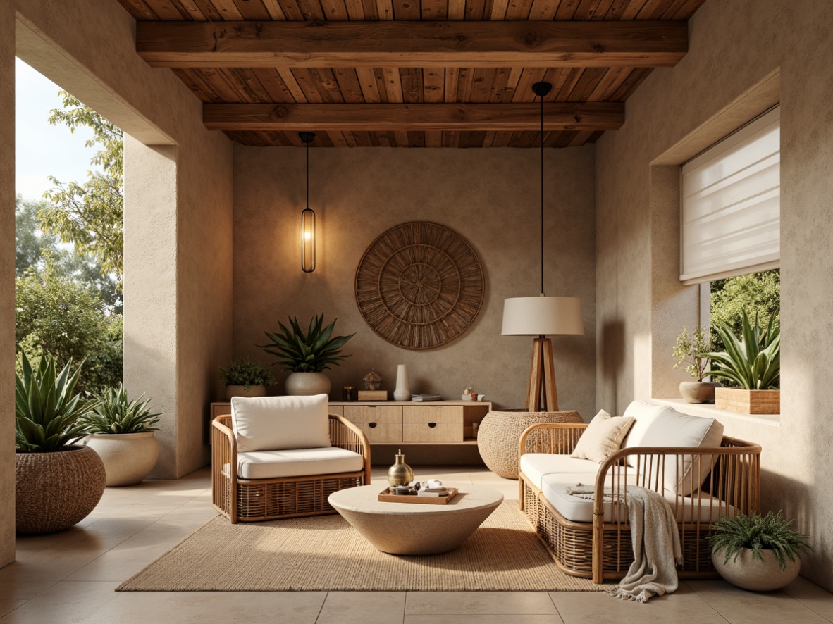 Prompt: Earth-toned interior, reclaimed wood accents, natural stone walls, woven bamboo furniture, jute rug, linen upholstery, rattan decor, organic shapes, warm beige color palette, soft indirect lighting, 1/1 composition, intimate atmosphere, cozy reading nook, lush greenery, potted plants, natural textiles, eco-friendly materials, sustainable design elements.