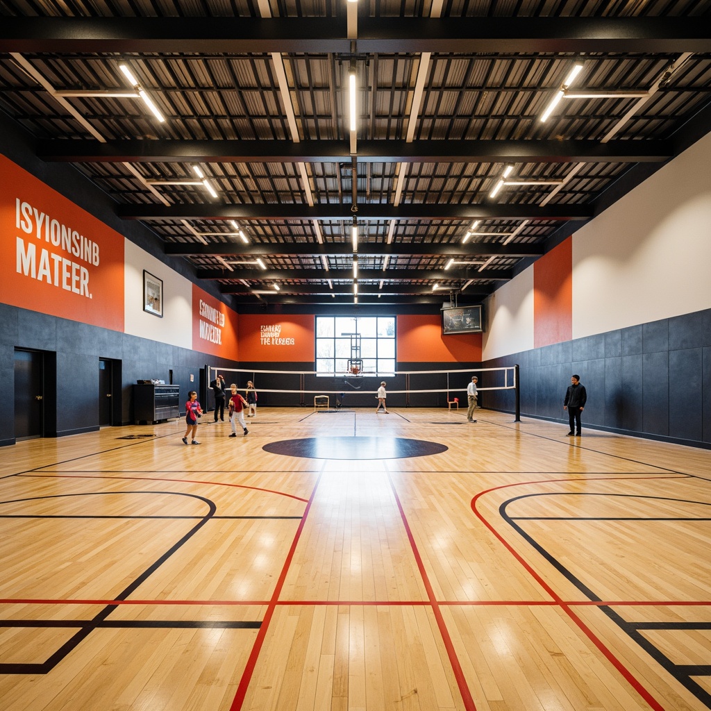 Prompt: Modern gymnasium interior, high ceilings, polished wooden floors, basketball courts, volleyball nets, athletic tracks, exercise equipment, mirrored walls, bright LED lighting, motivational quotes, dynamic color schemes, sleek metal beams, open spaces, minimalistic design, functional layout, optimized traffic flow, safety flooring, shock-absorbing materials, acoustic panels, natural ventilation systems, panoramic windows, abundant daylight, warm atmosphere, 1/1 composition, realistic textures, ambient occlusion.