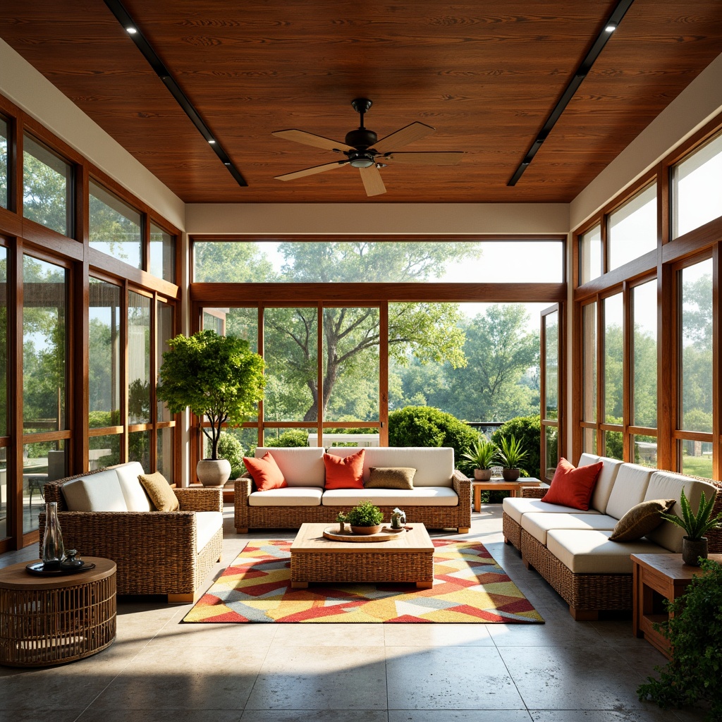 Prompt: Vibrant sunroom, mid-century modern style, large windows, sliding glass doors, natural stone floors, wicker furniture, plush cushions, geometric patterns, wooden accents, retro-inspired lighting fixtures, potted plants, greenery, sunny day, warm soft lighting, shallow depth of field, 3/4 composition, panoramic view, realistic textures, ambient occlusion.