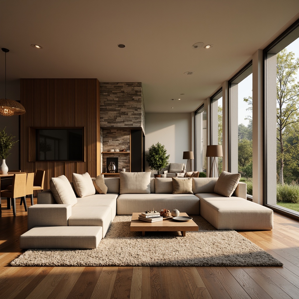 Prompt: Cozy living room, warm wooden flooring, rich brown tones, soft carpet inlays, plush area rugs, natural stone accents, minimalist interior design, modern furniture pieces, large windows, abundant natural light, subtle textures, ambient occlusion, 1/1 composition, realistic reflections.