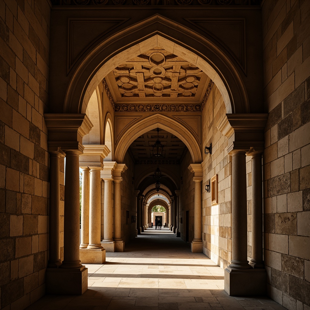 Prompt: Grand arches, elegant curves, ornate details, rustic stone walls, ancient architectural inspirations, mysterious passageways, dramatic lighting effects, warm golden hues, inviting entranceways, symmetrical compositions, classical proportions, refined stonework, ornamental carvings, intricate moldings, natural textures, atmospheric ambiance, low-key illumination, subtle shading, cinematic framing.