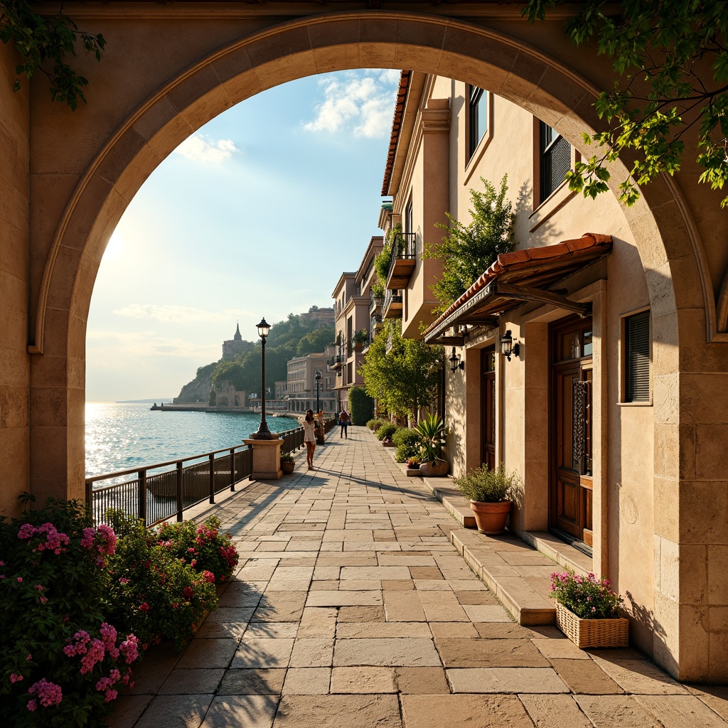 Prompt: Warm golden light, sun-kissed arches, ornate stonework, rustic terracotta roofs, turquoise waters, serene seaside promenade, lush greenery, vibrant bougainvillea flowers, weathered wooden doors, intricate ironwork, ornamental tiles, soft warm breeze, shallow depth of field, 3/4 composition, panoramic view, realistic textures, ambient occlusion, classic Mediterranean architecture, historic buildings, picturesque villages, narrow cobblestone streets, charming piazzas.