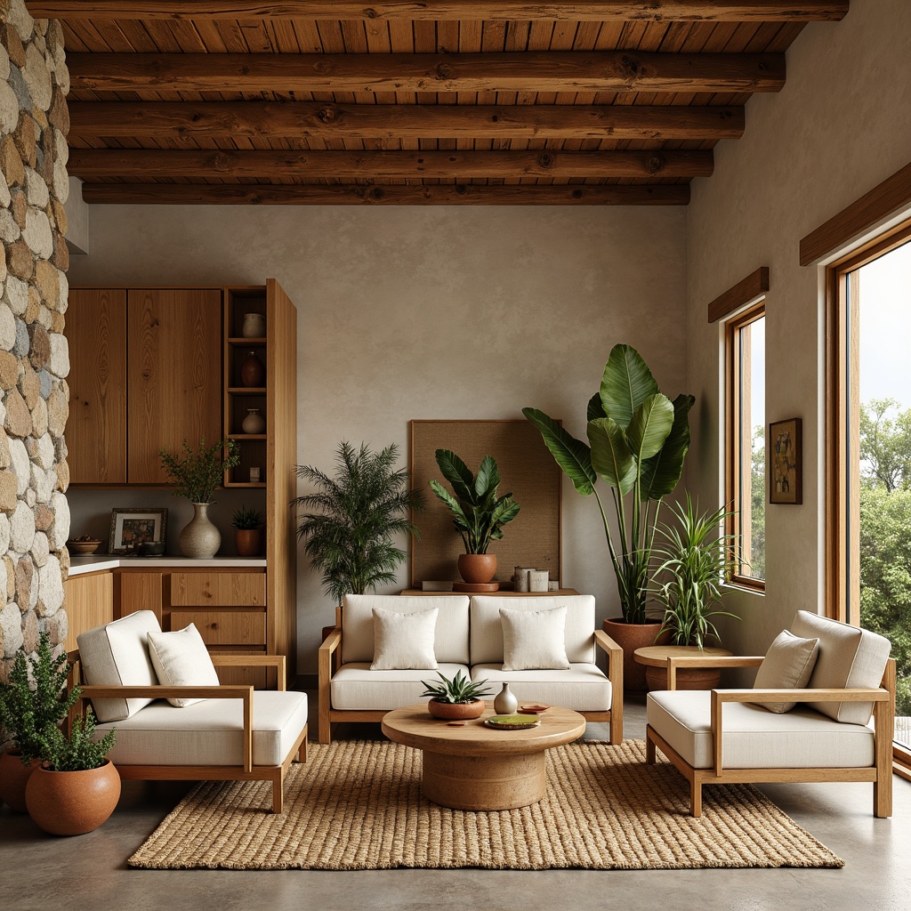 Prompt: Earth-toned living room, natural wood accents, woven bamboo furniture, plush jute rugs, organic cotton upholstery, reclaimed wooden walls, stone feature walls, earthy terracotta pots, lush greenery, potted plants, soft warm lighting, cozy atmosphere, minimalist decor, eco-friendly materials, sustainable design, neutral color palette, textural contrast, natural ambiance.