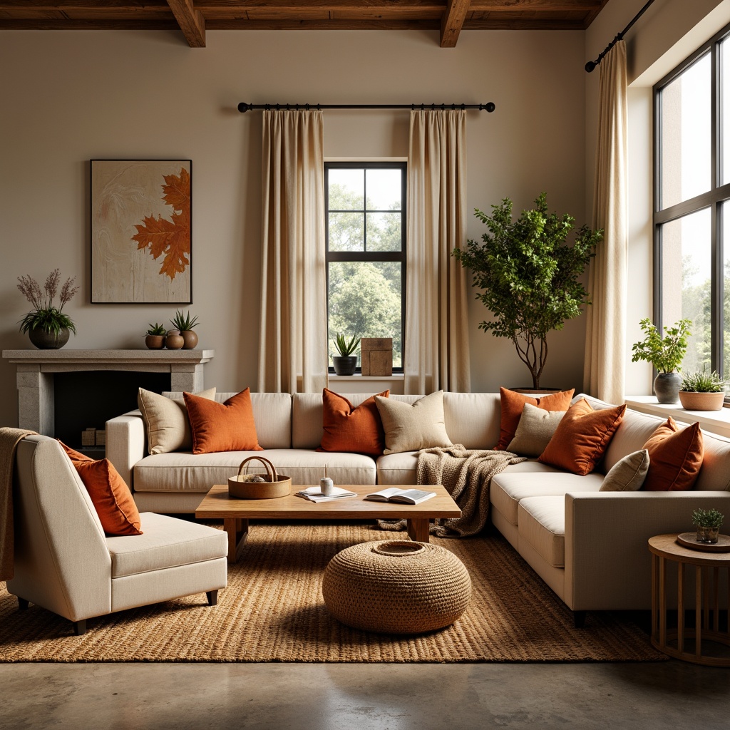 Prompt: Cozy living room, plush sofas, velvet armchairs, wooden coffee tables, woven baskets, soft cushions, vibrant throw pillows, natural fiber rugs, warm beige walls, large windows, gentle daylight, relaxed atmosphere, 1/1 composition, intimate scale, subtle textures, ambient lighting.