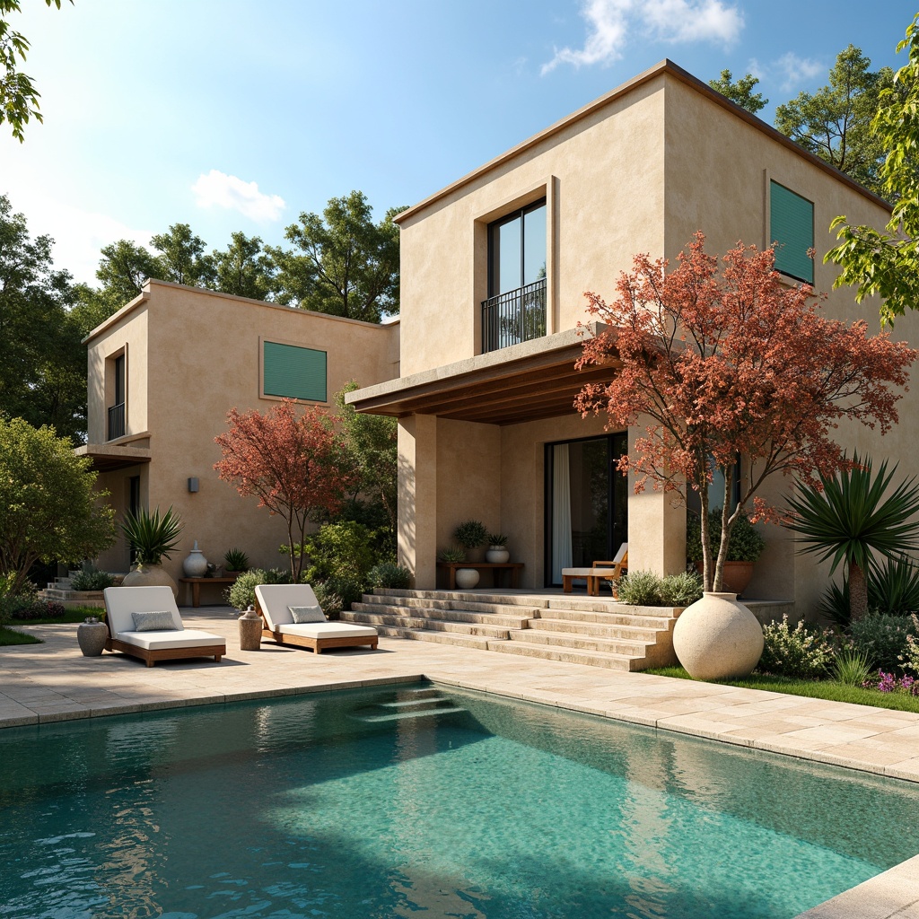 Prompt: Luxurious villa, Mediterranean style, warm beige walls, rustic stone accents, soft turquoise shutters, vibrant coral flowers, lush greenery, tranquil outdoor spaces, infinity pool, crystal clear water, sunny afternoon, warm golden lighting, 1/2 composition, shallow depth of field, realistic textures, ambient occlusion.