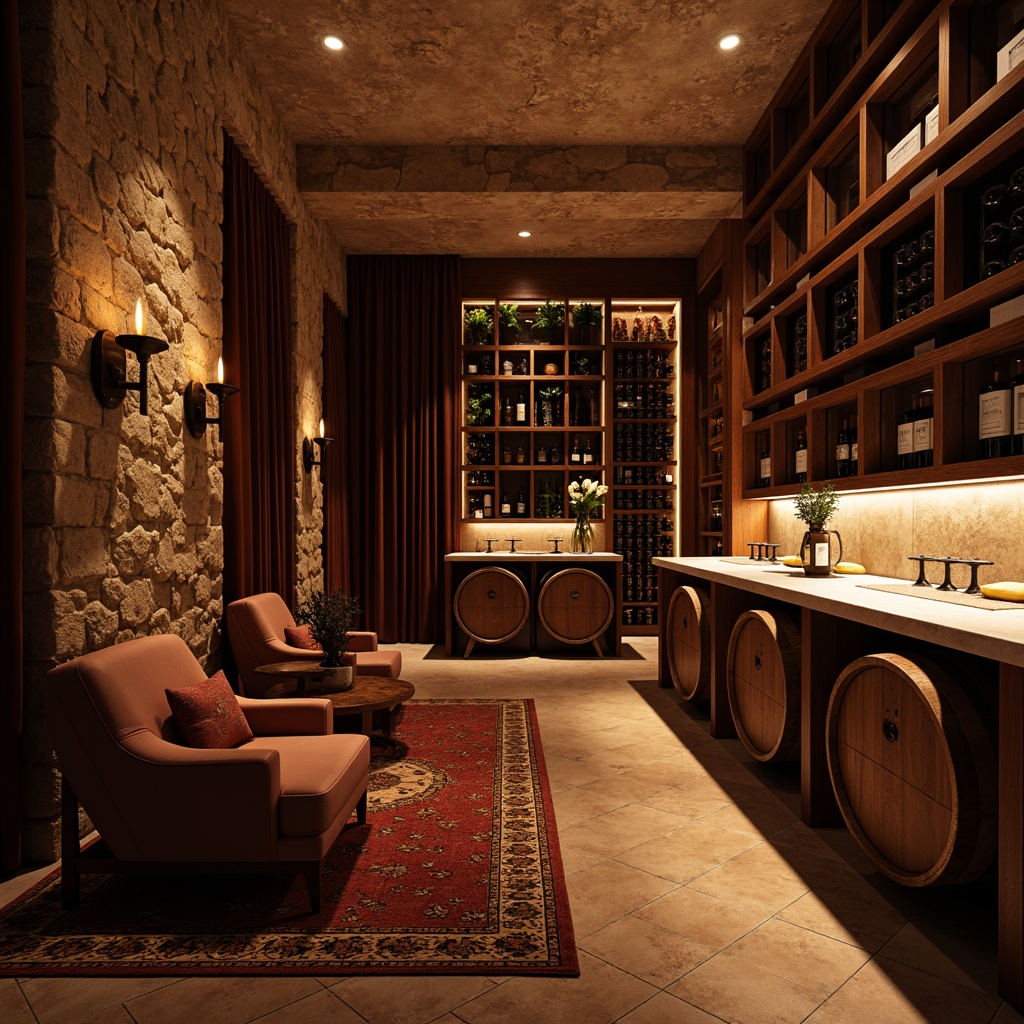 Prompt: Rich wine cellar, dark wood tones, warm ambient lighting, rustic stone walls, earthy terracotta floors, vintage wooden barrels, elegant wine racks, subtle golden accents, luxurious velvet drapes, soft cream-colored countertops, inviting leather armchairs, sophisticated bronze fixtures, warm beige stonework, intimate candlelit atmosphere, shallow depth of field, 2/3 composition, warm color harmony, realistic textures, ambient occlusion.