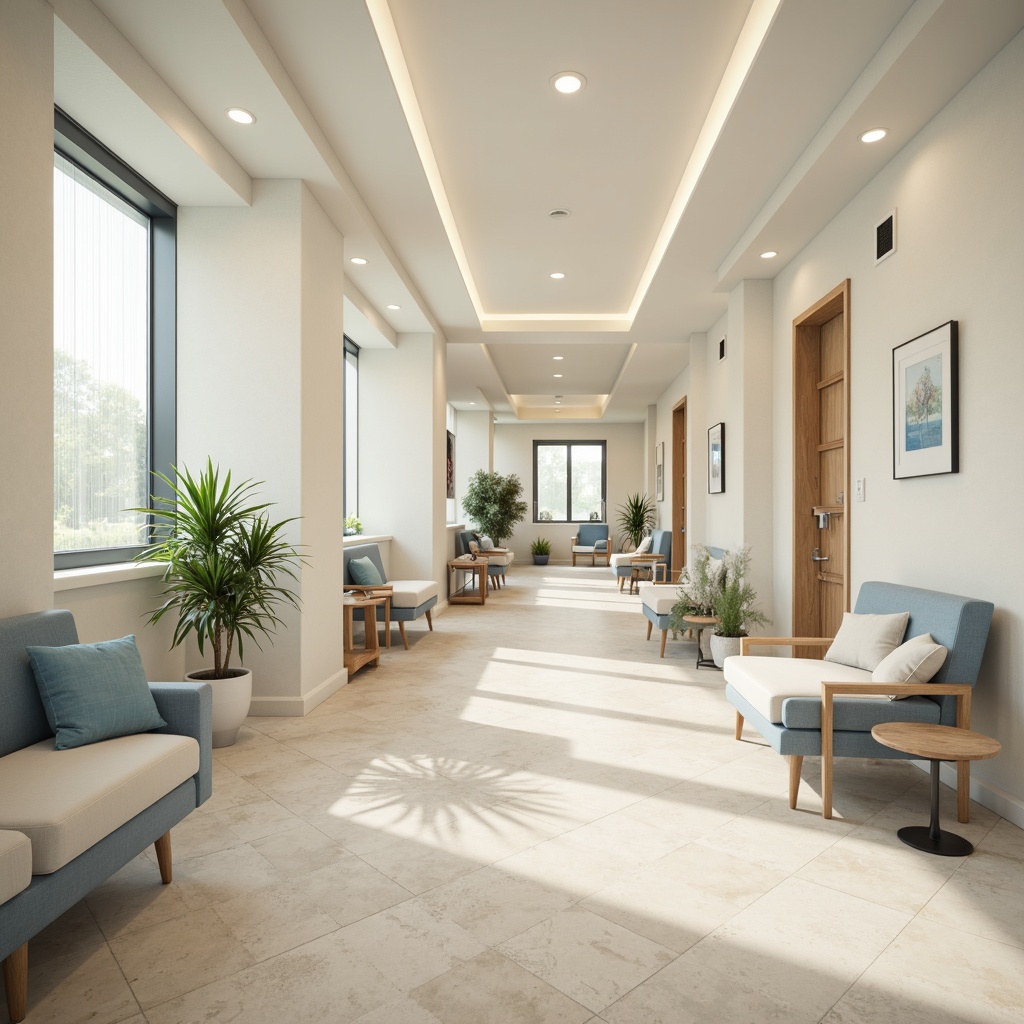 Prompt: Soothing healthcare facility, calming atmosphere, gentle pastel colors, creamy whites, soft blues, muted greens, warm beige tones, natural wood accents, subtle textures, minimal patterns, sterile equipment, comfortable seating areas, peaceful waiting rooms, serene lighting, soft shadows, 1/1 composition, realistic renderings, ambient occlusion.