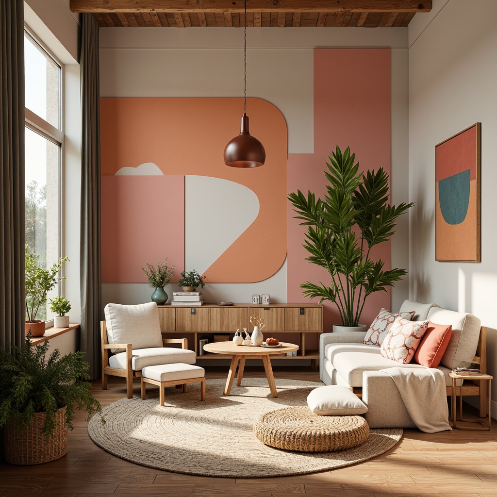 Prompt: Vibrant modern interior, eclectic furniture pieces, bold accent walls, pastel hues, soft peach tones, rich charcoal grays, creamy whites, natural wood textures, geometric patterns, bohemian-inspired decor, abundant greenery, warm golden lighting, shallow depth of field, 1/1 composition, realistic renderings.