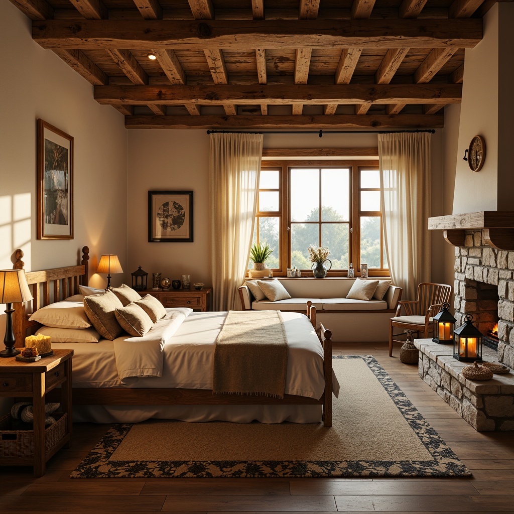 Prompt: Cozy farmhouse bedroom, warm beige walls, rustic wooden furniture, plush area rug, soft cream curtains, vintage metal lanterns, candlelight ambiance, warm golden lighting, table lamps with burlap shades, distressed wood ceiling beams, natural stone fireplace, crackling fire sounds, comfortable reading nook, oversized pillows, woven baskets, earthy color palette, shallow depth of field, 1/1 composition, soft focus, warm color grading.