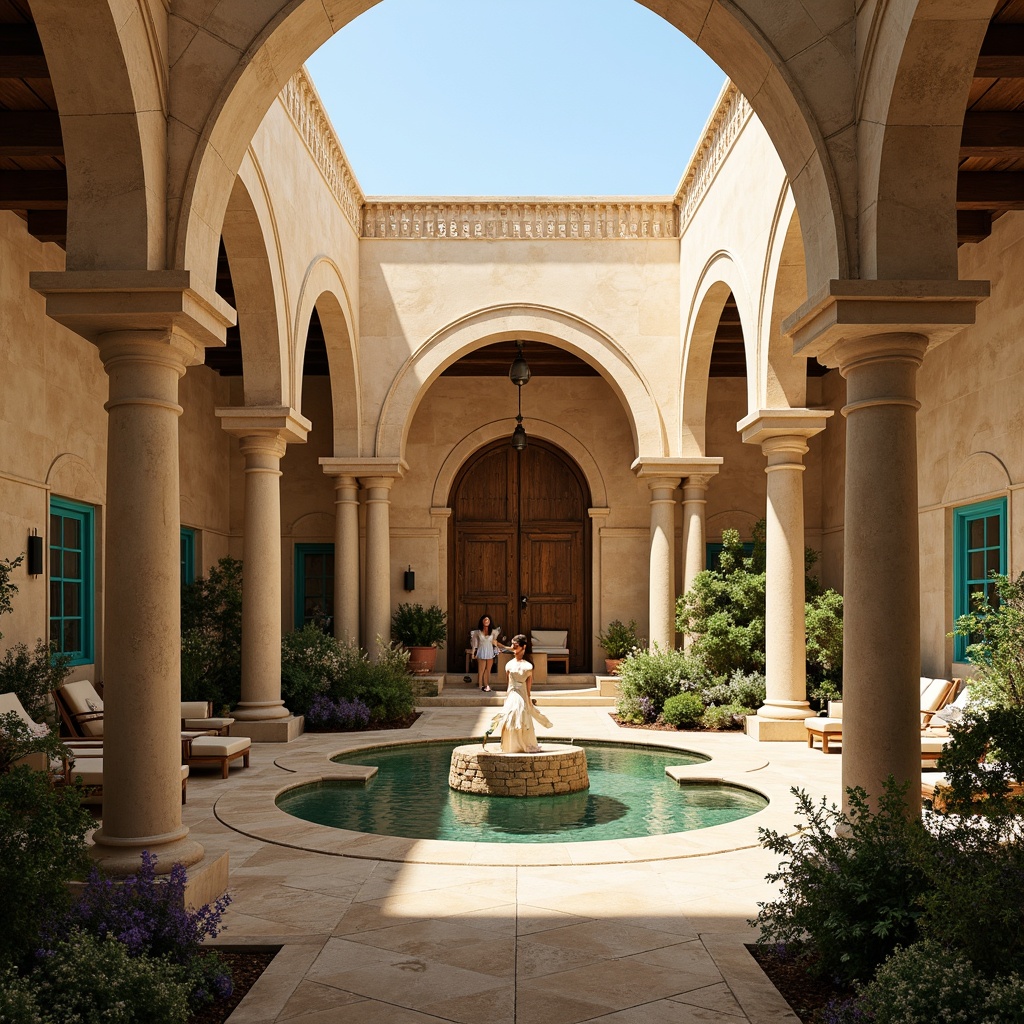 Prompt: Majestic arches, warm beige stone walls, ornate carvings, rustic wooden doors, vibrant turquoise accents, lush greenery, blooming flowers, serene courtyard, tranquil water features, soft warm lighting, shallow depth of field, 3/4 composition, panoramic view, realistic textures, ambient occlusion.