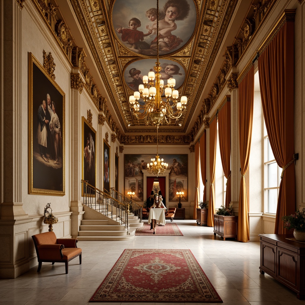 Prompt: Rich museum interior, Renaissance Revival style, opulent chandeliers, intricate fresco ceilings, ornate wooden paneling, luxurious velvet drapes, golden accents, warm beige walls, creamy marble floors, soft warm lighting, subtle shadows, realistic textures, ambient occlusion, 1/2 composition, atmospheric perspective, elegant furniture, antique artifacts, majestic staircases, grand archways, richly patterned rugs, lavish decorative moldings.