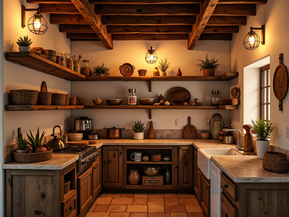 Prompt: Warm southwestern pantry, rustic wooden shelves, earthy terracotta tiles, warm beige walls, soft ambient lighting, pendant lanterns, candle-like fixtures, warm golden undertones, cozy intimate atmosphere, natural textures, woven baskets, vintage cooking utensils, distressed wood accents, warm color palette, shallow depth of field, 1/1 composition, realistic render, subtle shadows.