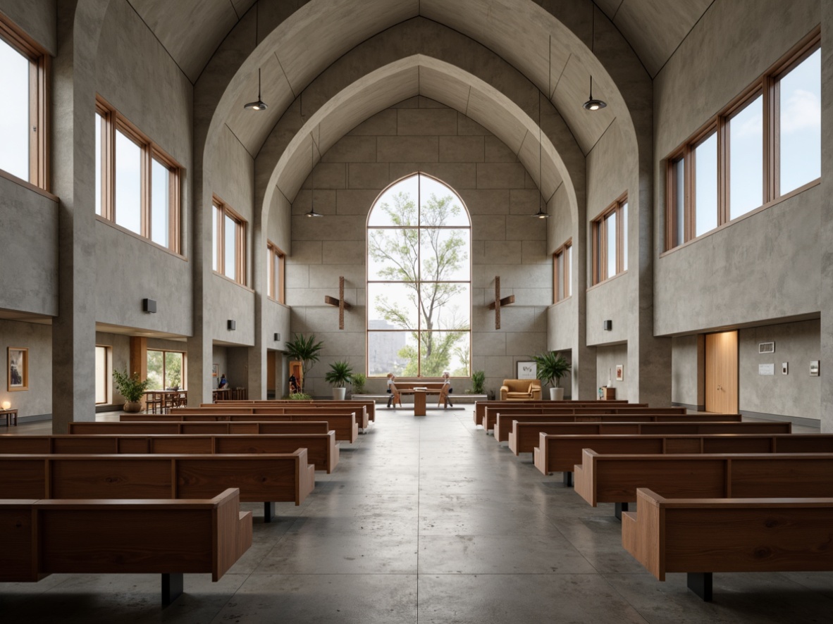 Prompt: Minimalist church interior, curved lines, monochromatic color scheme, polished concrete floors, sleek wooden pews, modern stained glass windows, subtle ambient lighting, geometric patterns, abstract artworks, streamlined altar design, minimal decorative elements, industrial chic accents, exposed ductwork, poured-in-place concrete walls, natural textiles, earthy tones, soft diffused light, 1/1 composition, realistic renderings, atmospheric perspective.