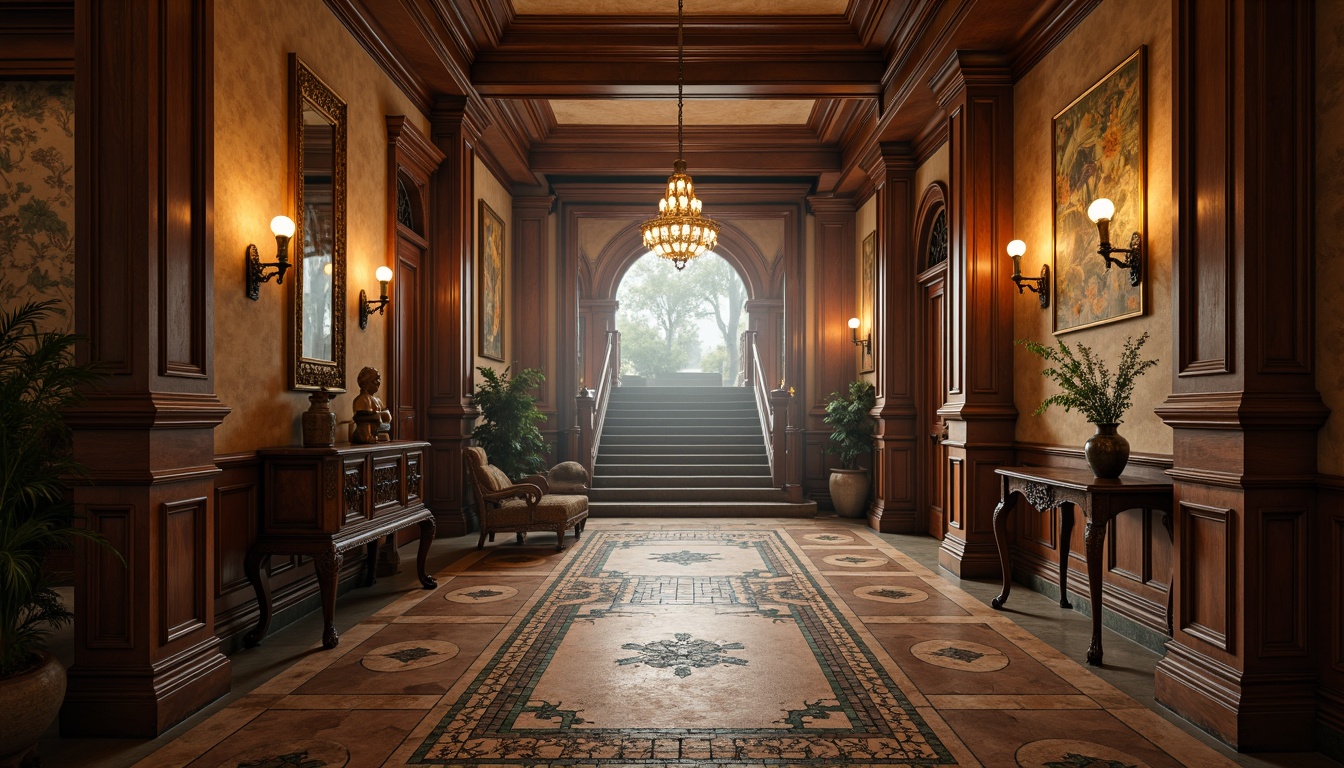 Prompt: Neoclassical basement, ornate moldings, elegant archways, rich wood paneling, polished marble floors, intricate mosaic patterns, vintage-inspired tiles, distressed stone walls, rustic metal accents, warm ambient lighting, soft shadows, atmospheric fog effects, cinematic composition, shallow depth of field, realistic textures, subtle color grading.