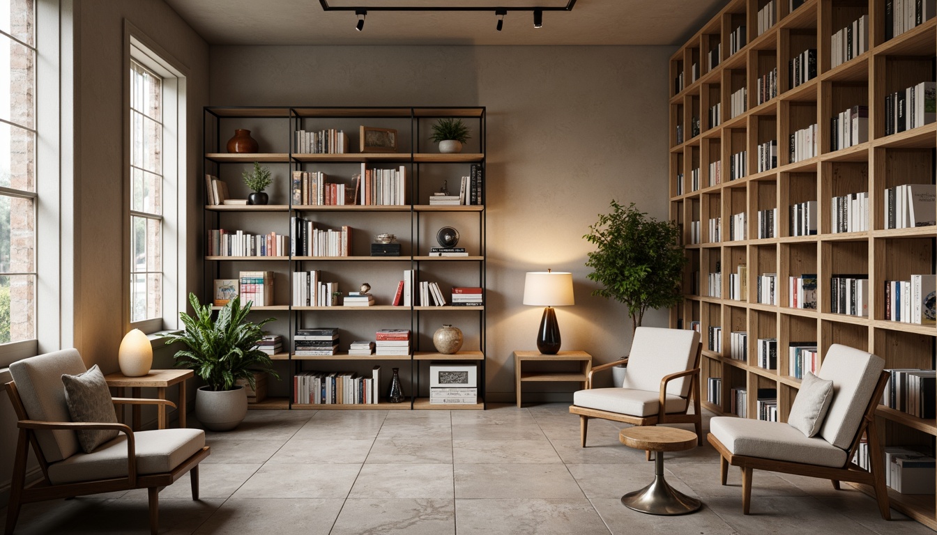 Prompt: Minimalist bookstore interior, neutral color palette, wooden shelves, simple metal racks, comfortable reading nooks, plush armchairs, warm floor lamps, natural stone flooring, large windows, soft diffused lighting, 1/1 composition, shallow depth of field, realistic textures, ambient occlusion, cozy atmosphere, serene ambiance, subtle fragrance, peaceful background music.