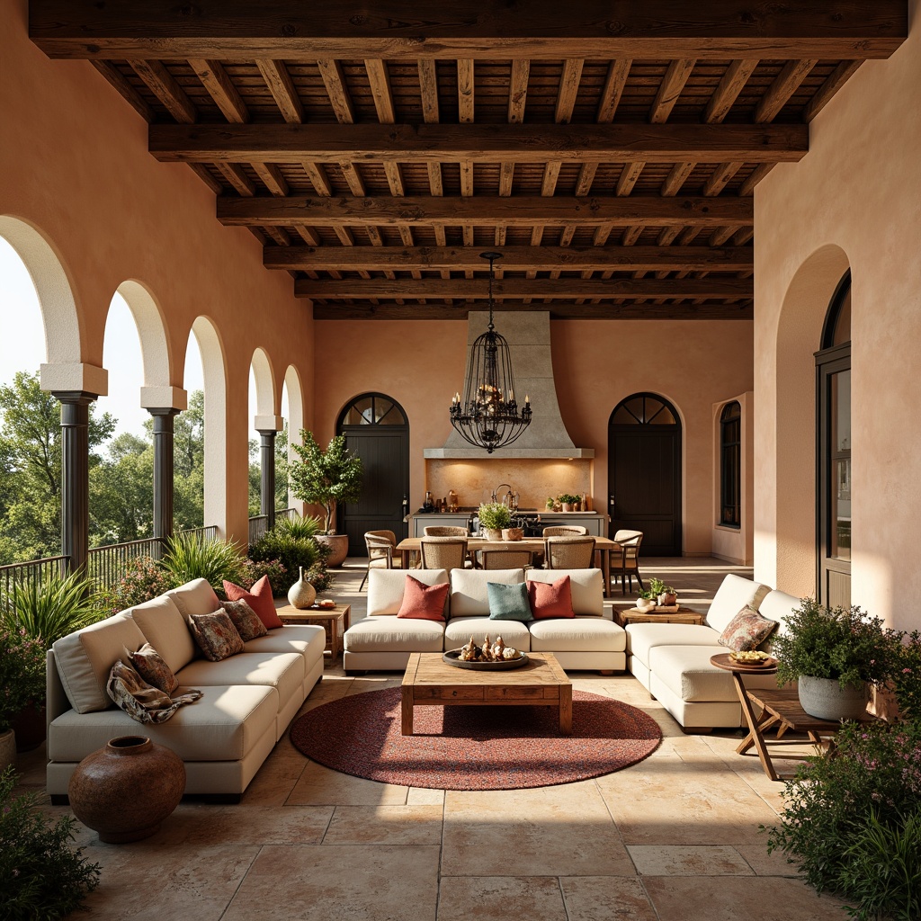 Prompt: Warm Mediterranean color palette, natural stone flooring, rustic wooden beams, arched windows, ornate metalwork, plush area rugs, comfortable sectional sofas, decorative ceramic vases, lush greenery, soft warm lighting, 1/1 composition, intimate atmosphere, ambient occlusion, realistic textures, inviting seating areas, curved lines, ornate furnishings, earthy tone walls, elegant chandeliers, spacious open-plan living, functional kitchen island, cozy dining nook.