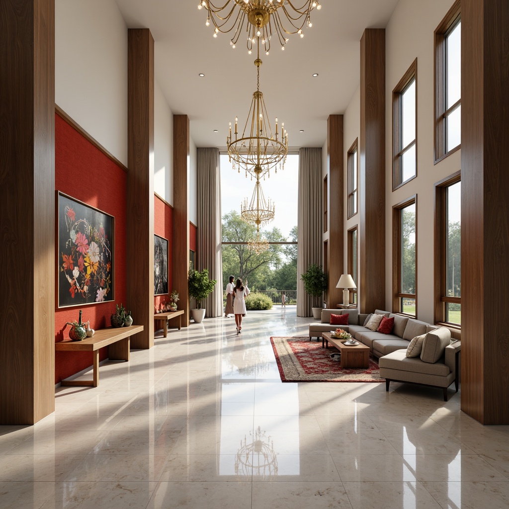 Prompt: Elegant entrance hall, high ceiling, grand chandelier, marble flooring, spacious open area, minimalist interior design, comfortable seating areas, luxurious textiles, vibrant accent walls, functional storage spaces, efficient traffic flow, ample natural light, floor-to-ceiling windows, sleek modern furniture, decorative wall art, sophisticated color palette, harmonic proportions, 1/2 composition, soft warm lighting, realistic reflections.