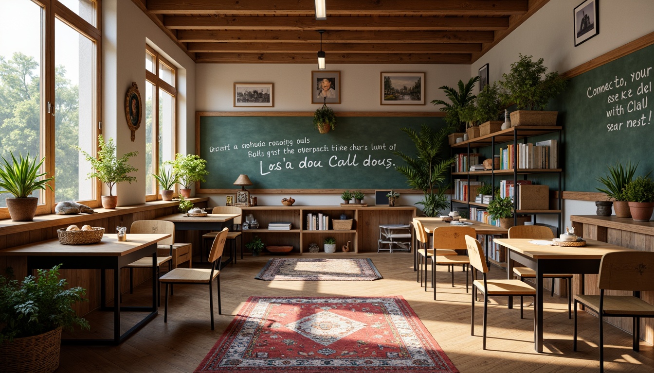 Prompt: Cozy classroom, vintage wooden desks, rustic metal chairs, soft warm lighting, natural wood accents, woven baskets, colorful rugs, lively green plants, inspirational quotes, chalkboard walls, distressed finishes, earthy tones, comfortable pillows, bookshelves, framed artwork, playful patterns, whimsical decorations, eclectic furniture, intimate reading nooks, warm beige colors, 1/1 composition, shallow depth of field.