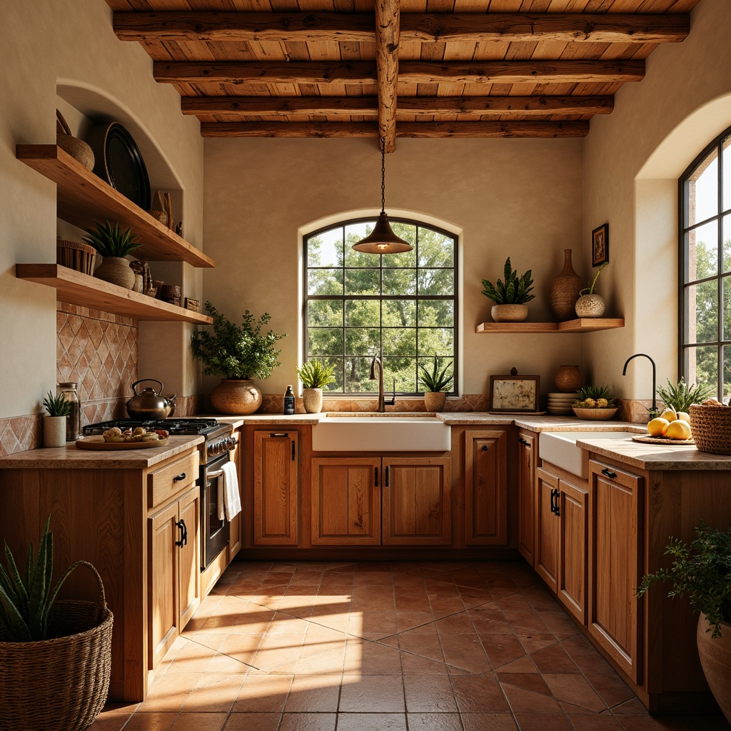 Prompt: Warm southwestern pantry, rustic wooden cabinets, earthy terracotta tiles, woven baskets, pendant lanterns, warm golden lighting, soft ambient glow, subtle shadowing, natural stone countertops, distressed metal hardware, vintage-inspired appliances, cozy breakfast nook, lush greenery, desert botanicals, warm beige walls, creamy white trim, traditional southwestern patterns, rich wood tones, shallow depth of field, 1/1 composition, realistic textures, ambient occlusion.