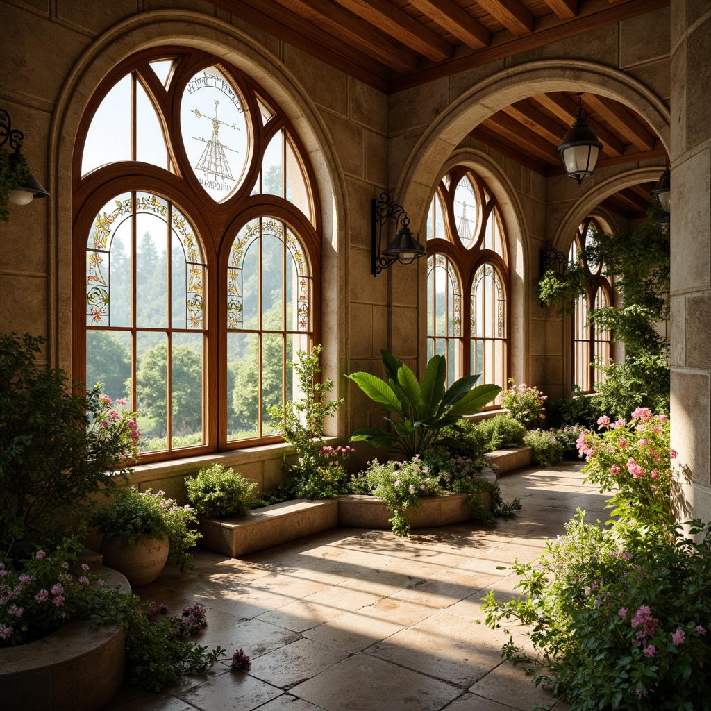 Prompt: Organic Art Nouveau architecture, flowing curved lines, natural stone walls, wooden accents, ornate metalwork, stained glass windows, botanical patterns, blooming flowers, lush greenery, earthy color palette, warm golden lighting, soft focus, shallow depth of field, 2/3 composition, intimate atmosphere, nature-inspired ornaments, handcrafted details, whimsical touches, romantic ambiance.