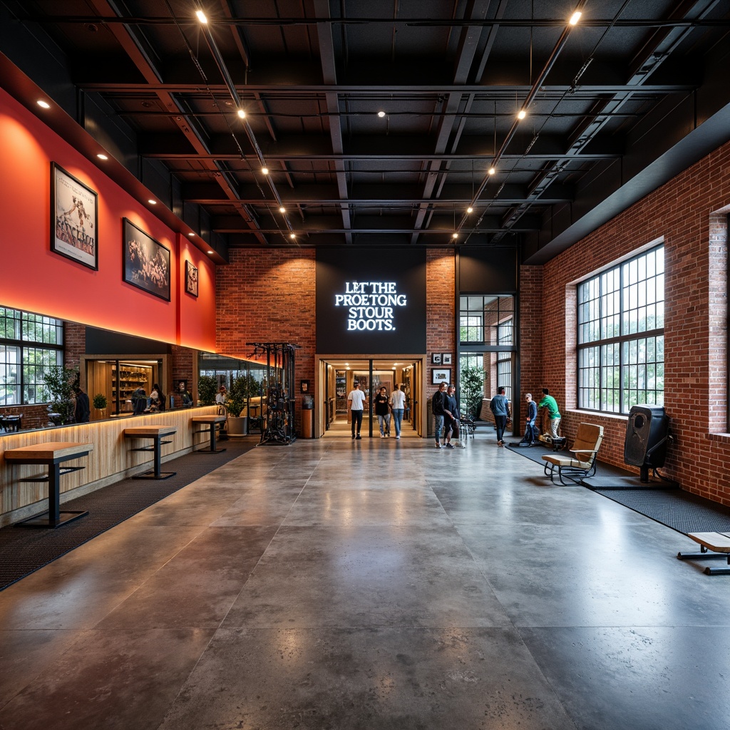 Prompt: Modern gym interior, industrial chic aesthetic, exposed brick walls, polished concrete floors, metal beams, reclaimed wood accents, bold color schemes, neon lighting, motivational quotes, athletic equipment displays, mirrors, rubber flooring, sound-absorbing panels, minimalist decor, urban loft vibe, high-ceiling windows, natural light, airy atmosphere, dynamic shadows, 1/1 composition, dramatic highlights, realistic reflections.